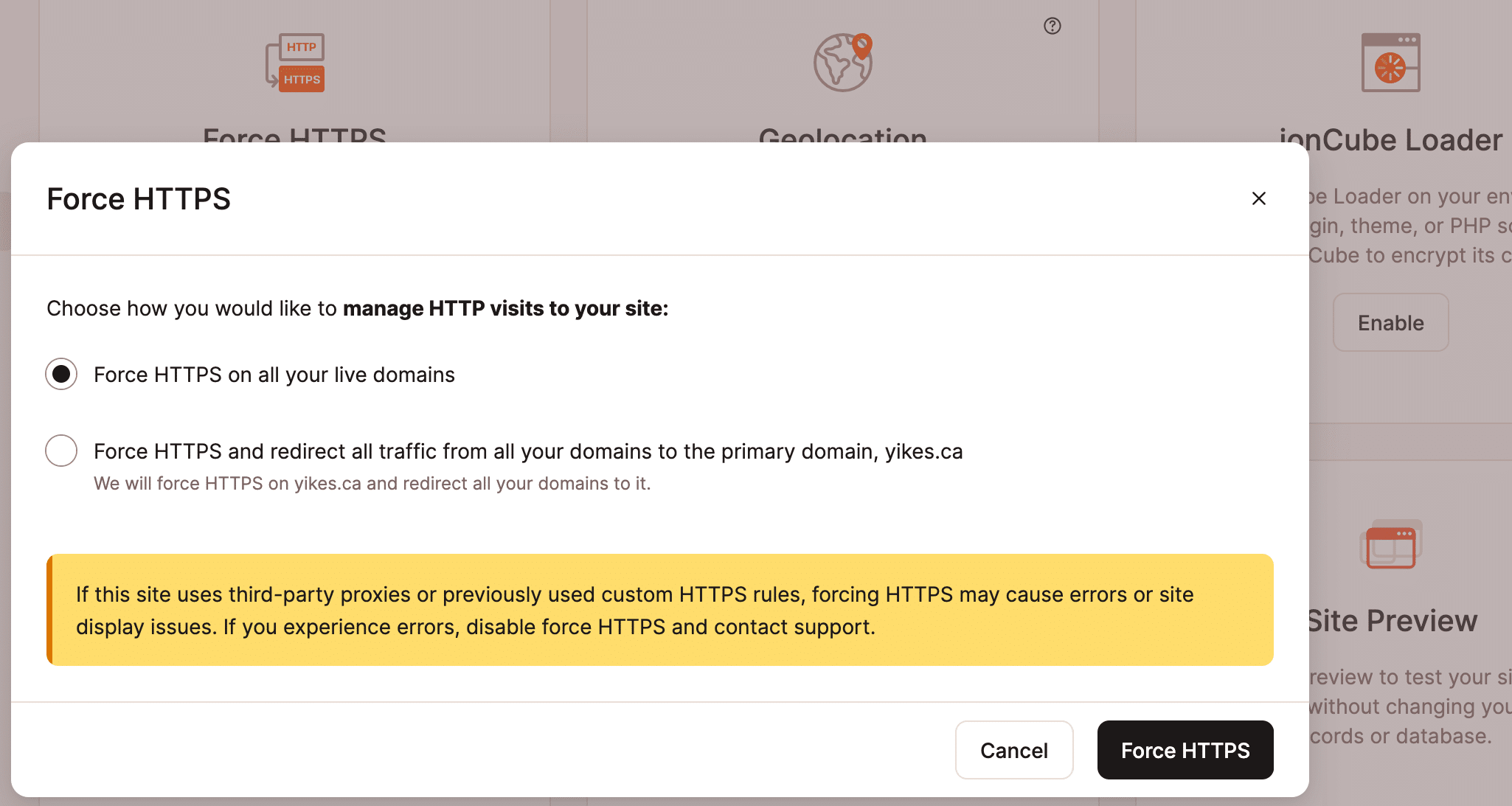 Screenshot of the dialog used to specify Force HTTPS behavior in MyKinsta.
