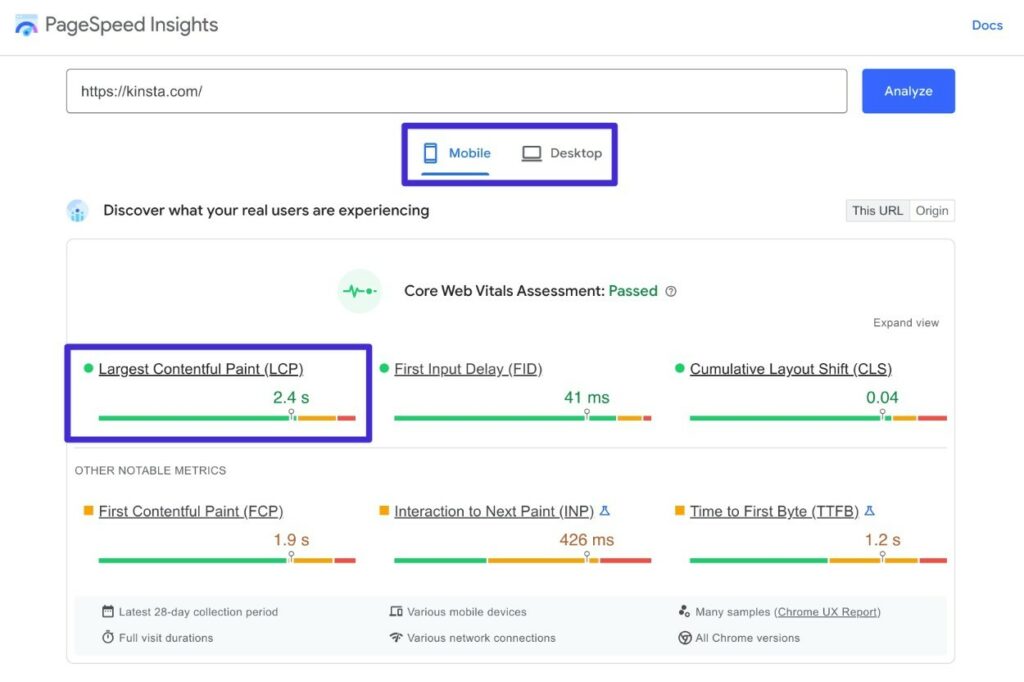 LCP-tider i PageSpeed Insights.