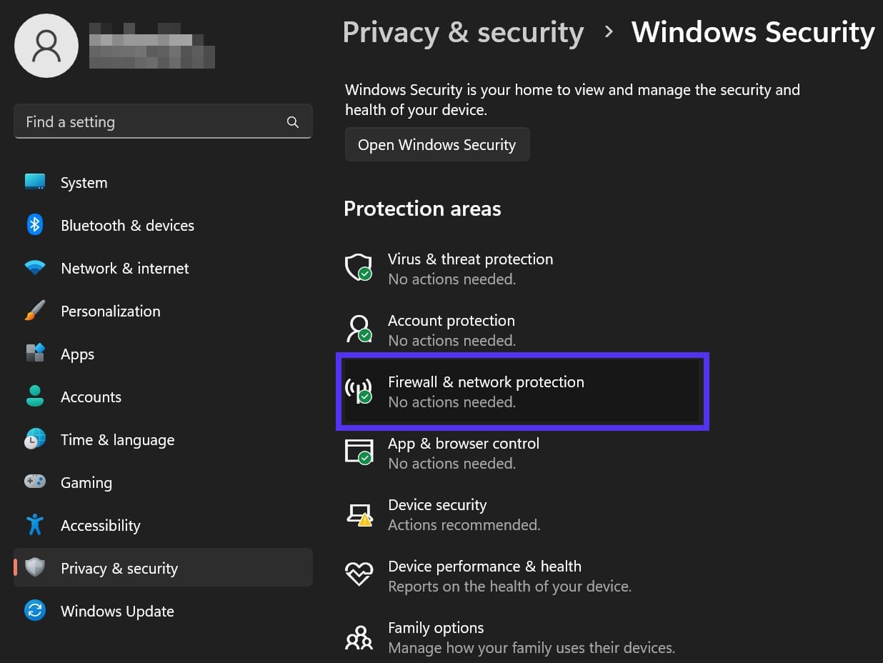 Firewall and network protection settings in Windows.