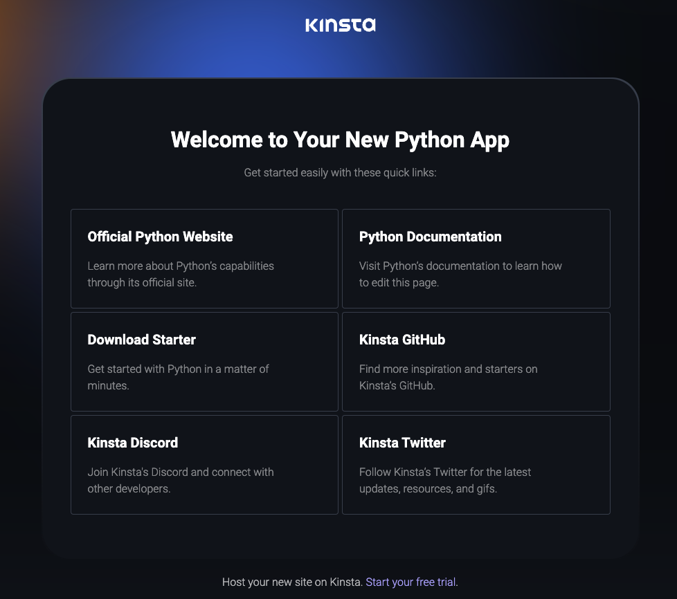 Page de bienvenue Kinsta après le déploiement réussi de Python.