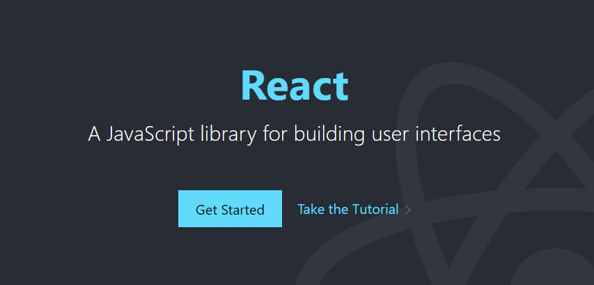Un banner con la scritta React nella parte superiore e una breve descrizione insieme a due pulsanti: "A JavaScript library for building user interfaces"
