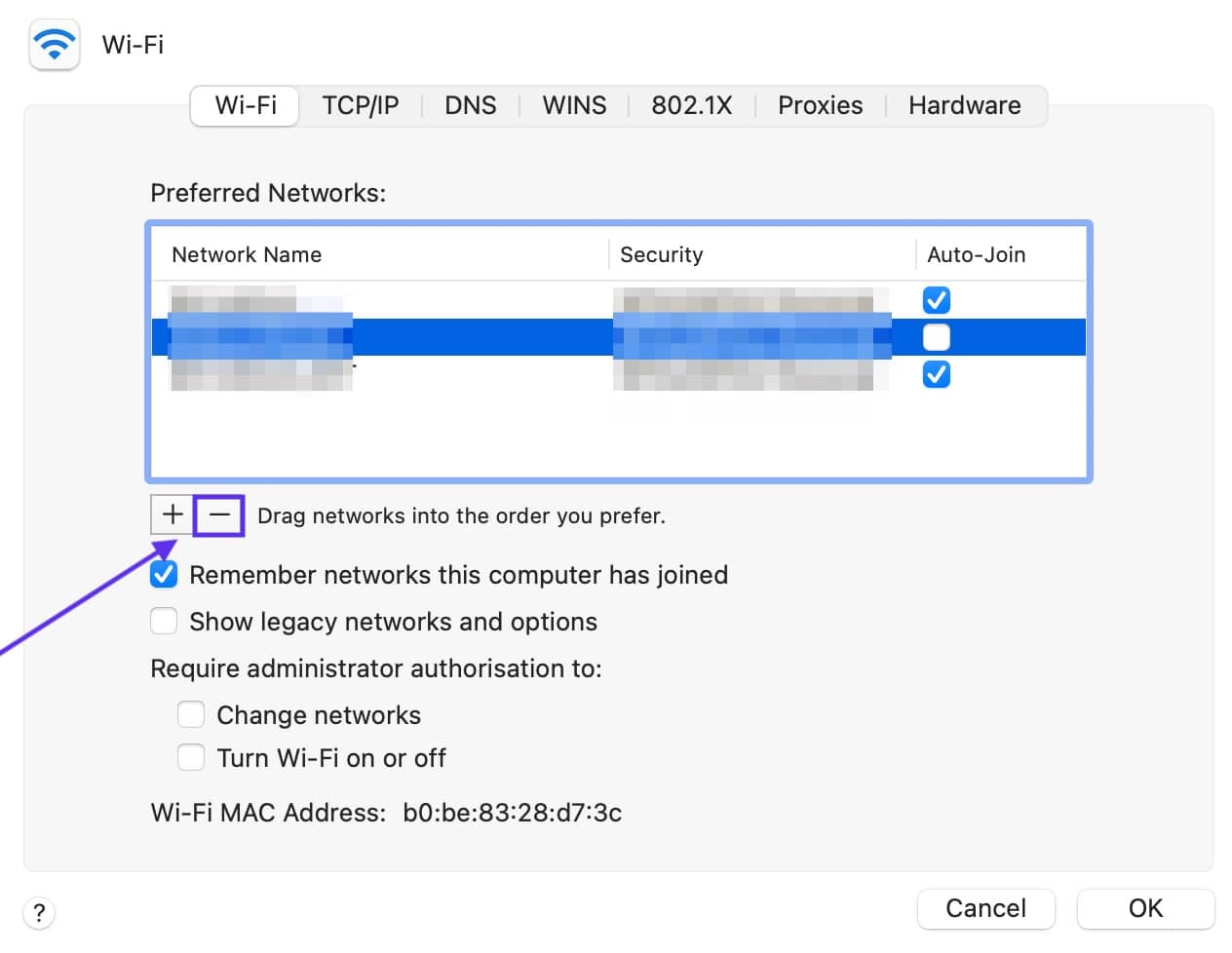 Popup box to remove wireless profiles on Mac