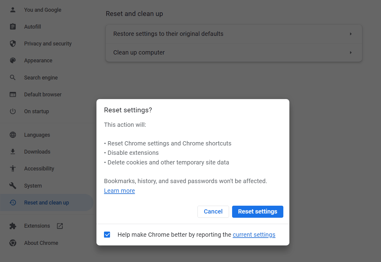 Chrome permite restablecer la configuración predeterminada del navegador sin perder los marcadores ni las extensiones.