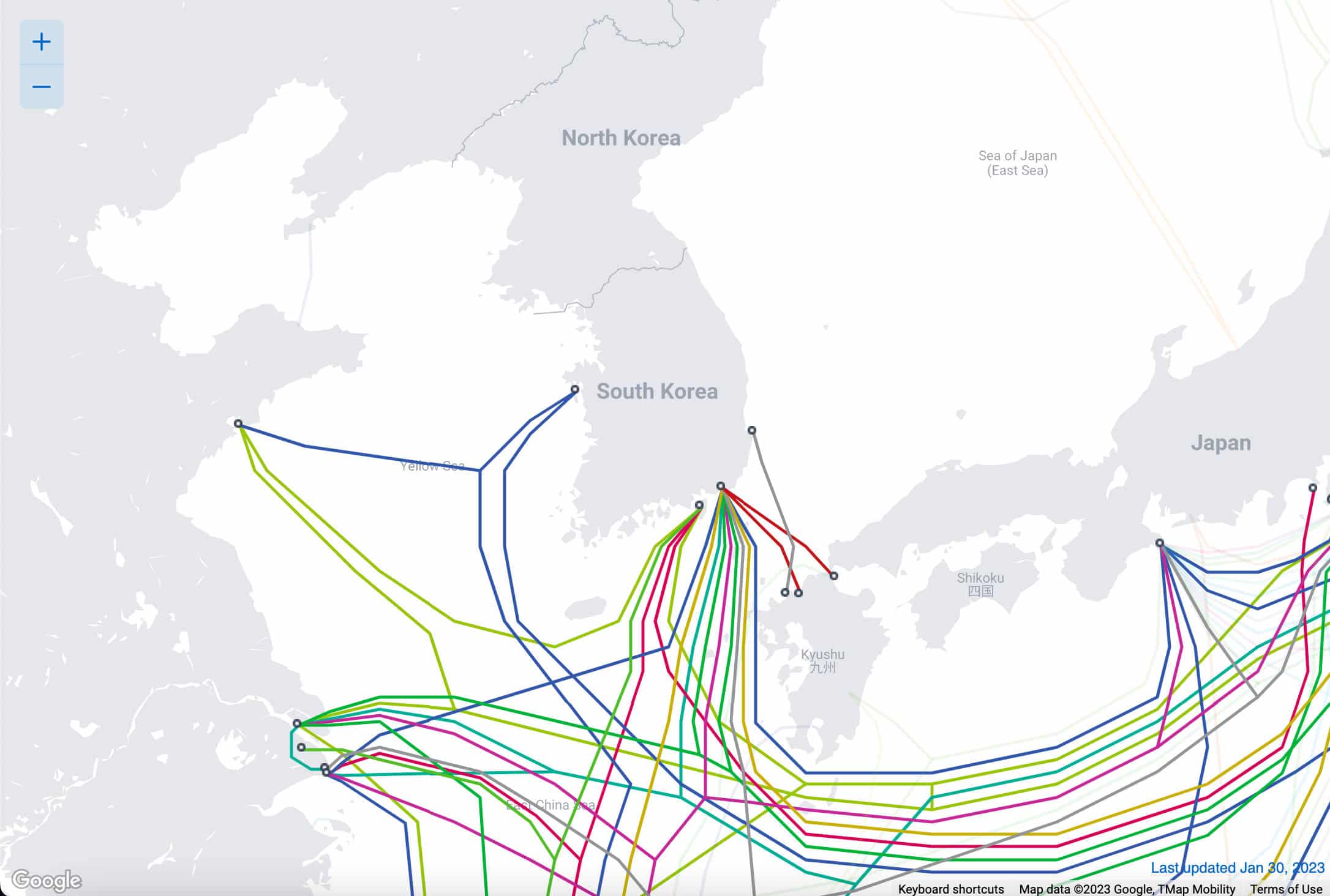 Een kaart van onderzeese kabels die aansluiten op Zuid-Korea. 