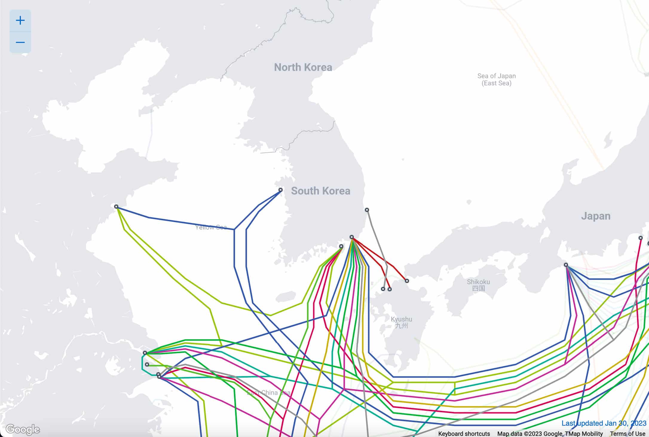 Une carte des câbles sous-marins se connectant à la Corée du Sud.