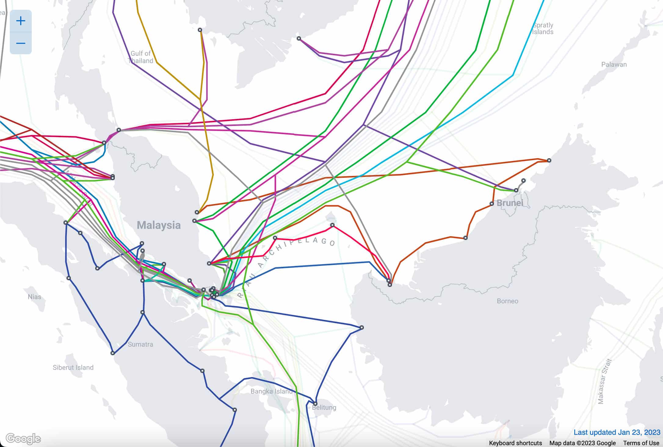 Um mapa de cabos submarinos de conexão com a Malásia