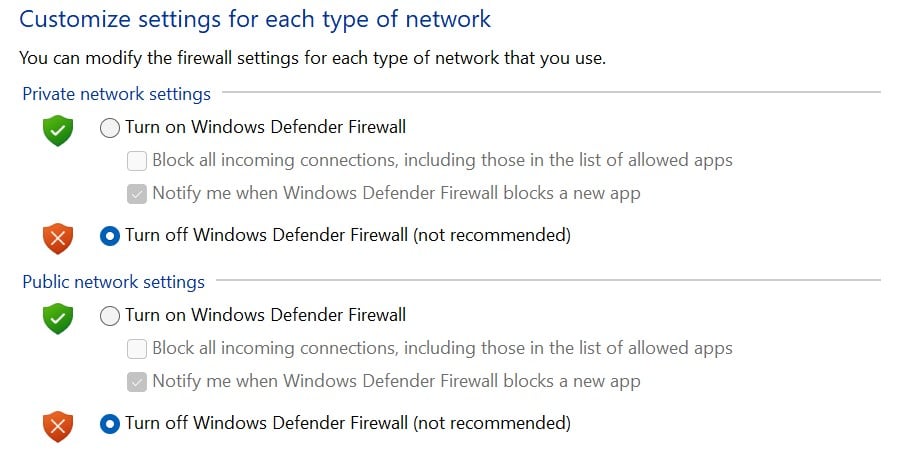 Disattivare il firewall di Windows.