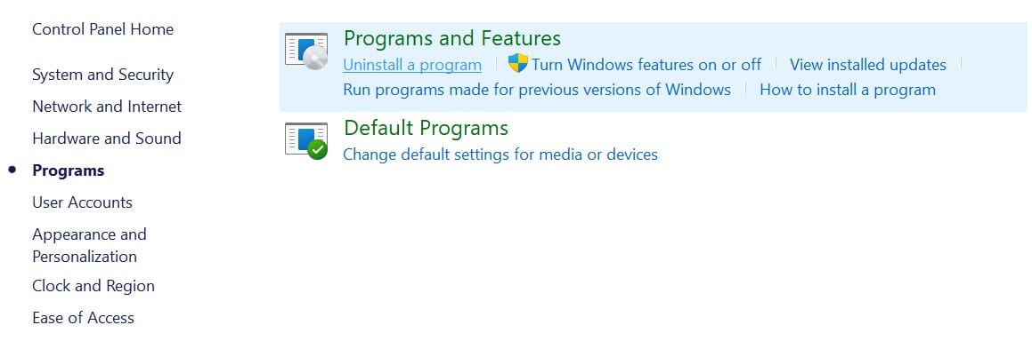 Uninstalling a program on Windows