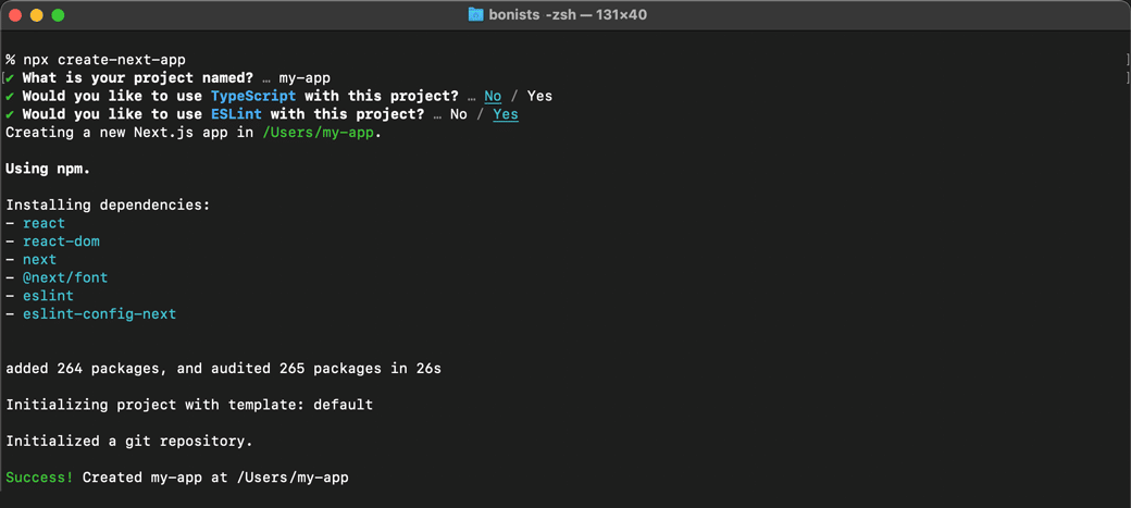 Creazione di un'applicazione Next.js in modalità interattiva.