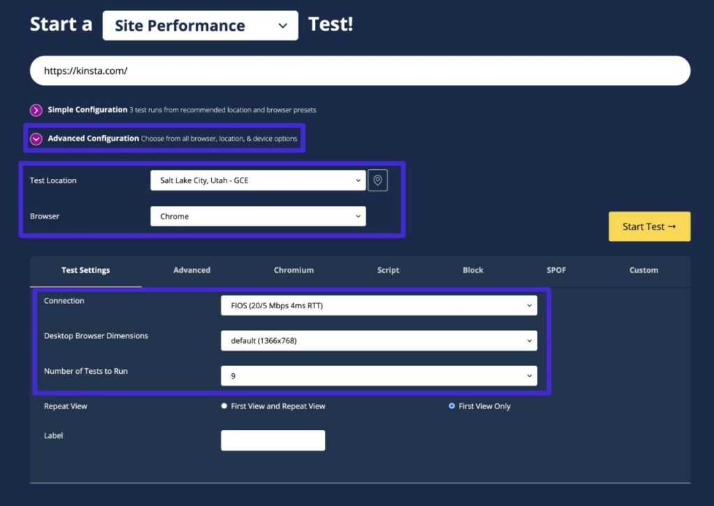 Como testar o tempo de LCP com o WebPageTest.