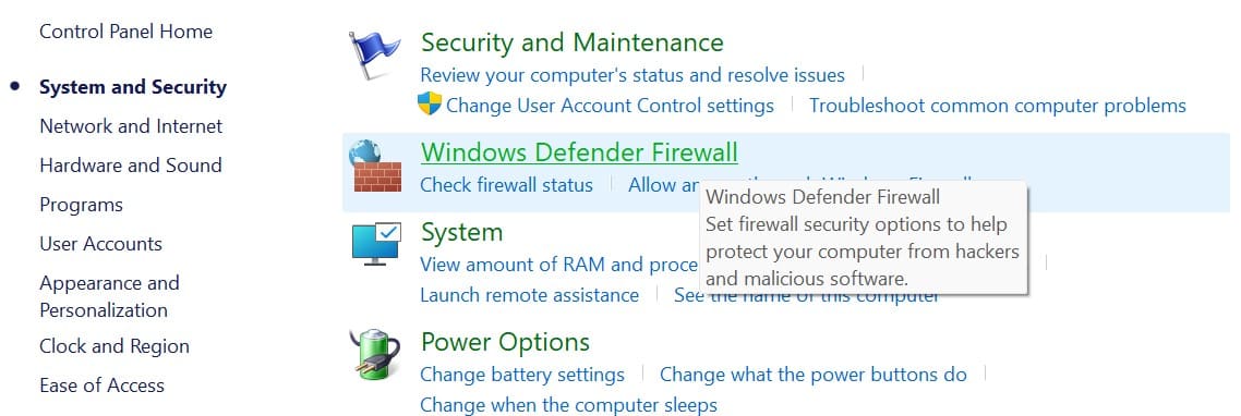 Et skærmbillede, der viser Windows Defender Firewall