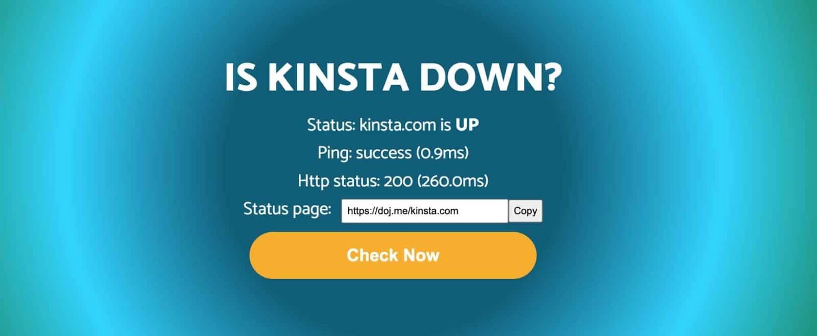 Schermata di Doj.me che chiede "Is Kinsta Down?" e di seguito fornisce i dati di uptime e lo status