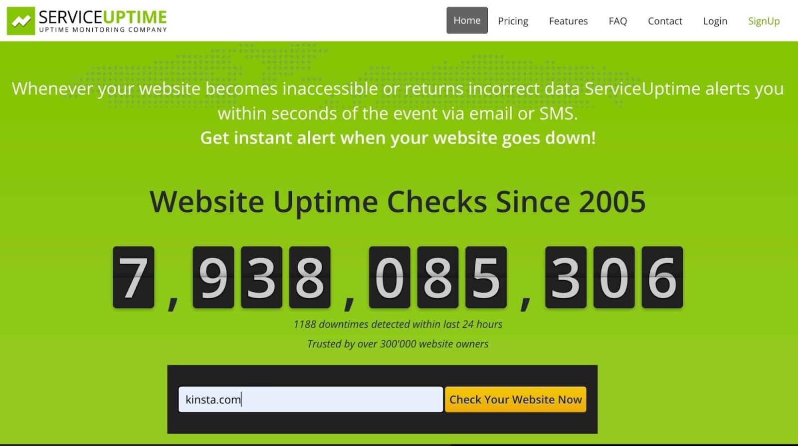 Homepage di Service Uptime dove campeggia a caratteri cubitali il numero di siti web analizzati dal 2005: sono 7.938 milioni