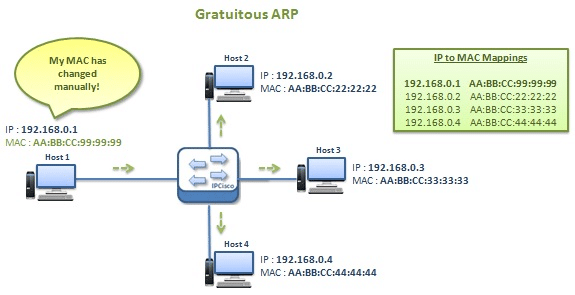 En host som meddelar ett nätverk om en uppdaterad MAC-adress med ett Gratuitous ARP-svar (Källa: IPCisco.com)