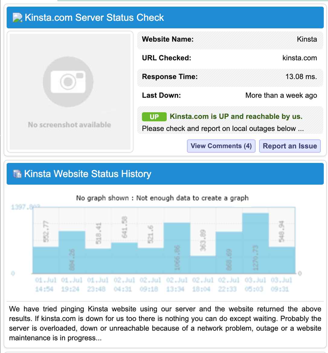 Schermata dal sito Is It Down Right Now che mostra dati sulla verifica dello stato del server per Kinsta.com: tutto funziona correttamente