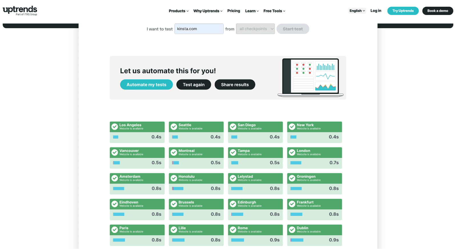 Schermata del sito di uptrends con i dati di stato da diverse località del mondo