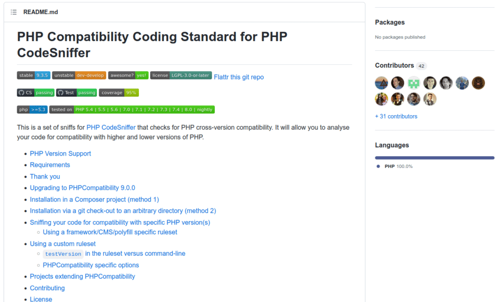 Captura de pantalla de la página GitHub de PHPCompatibility