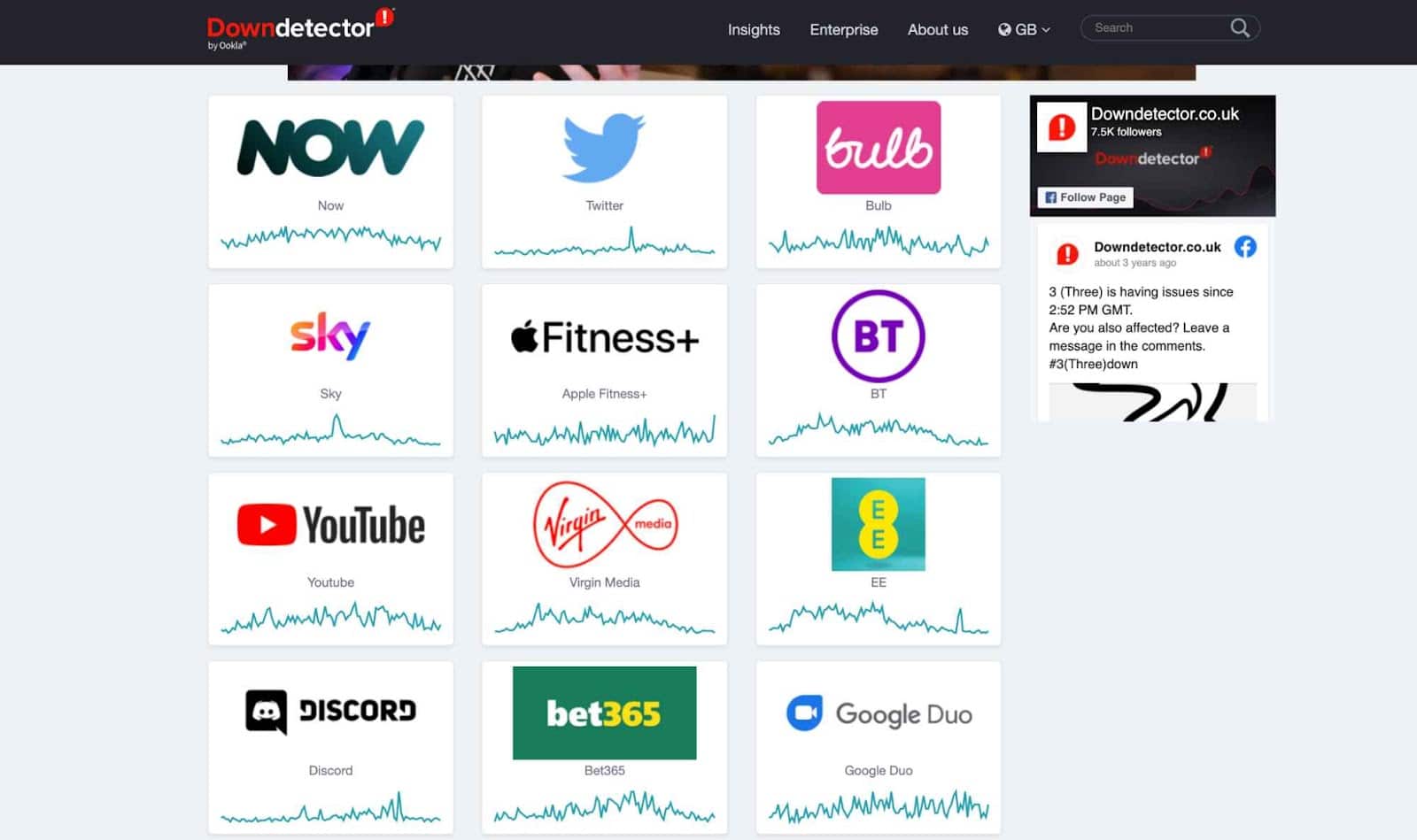 Schermata del sito di Downdetector con una griglia che contiene i loghi di diversi siti e app popolari come Twitter, Sky, Discord, etc.