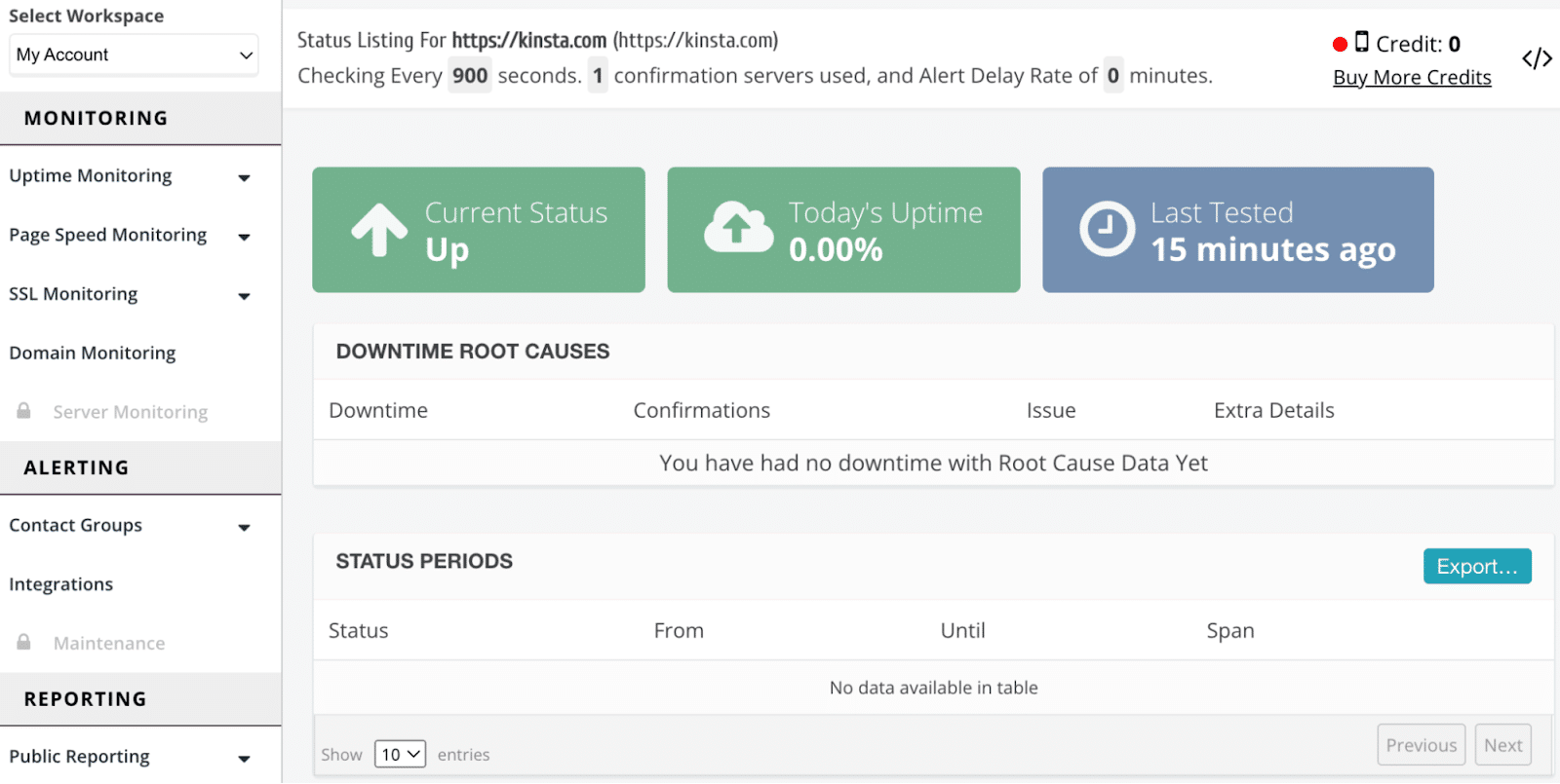 Schermata di un’analisi del sito di Kinsta su StatusCake