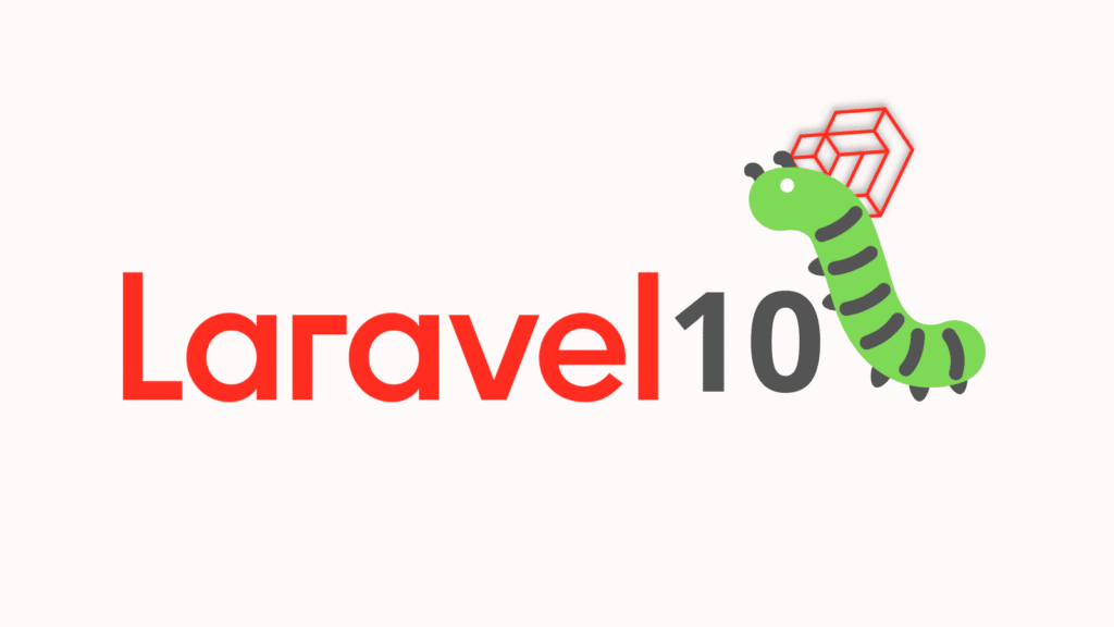 El logotipo de Laravel 10 seguido de un insecto verde de dibujos animados con rayas grises. 