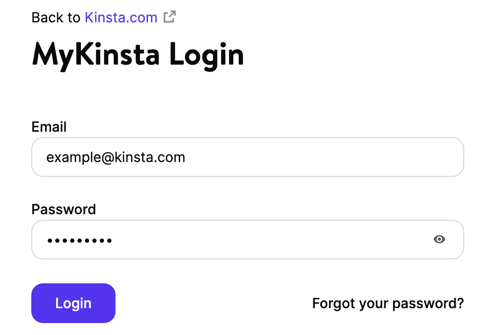 A login form for MyKinsta, showing "MyKinsta Login" at the top followed by "Email and "Password" fields, with a purple "Login" button at the bottom.