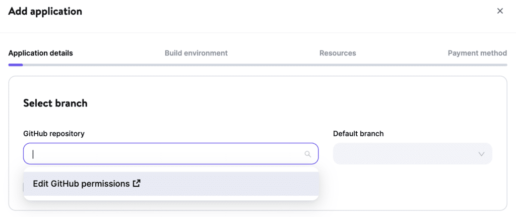 The "Add application" form in MyKinsta, focused on the "Application details" subsection, with the text "Select branch" followed by two fields: "GitHub repository" and "Default branch".