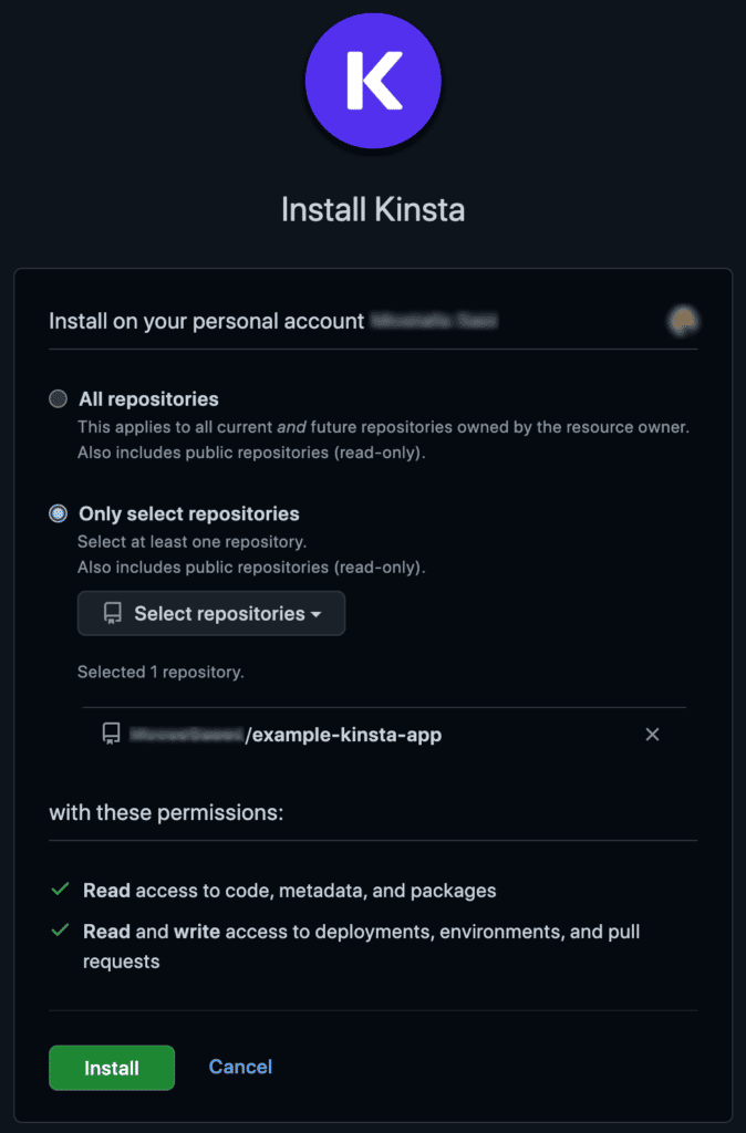 An "Install Kinsta" prompt momdal, showing options to allow access for "All repositories" or "Only select repositories" followed by a green "Install" button.