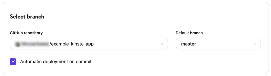 De applicatiesectie "Select branch" in MyKinsta, met de twee velden "GitHub repository" en "Default branch" en een aangevinkt selectievakje met het label "Automatic deployment on commit".