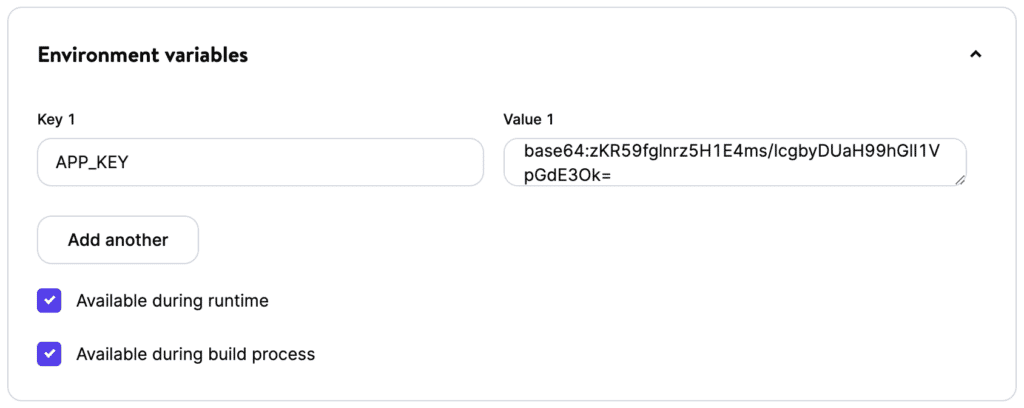 Het toepassingsgedeelte "Environment variables" in MyKinsta, met velden voor "Key 1" en "Value 1", evenals selectievakjes voor "Available during runtime" en "Available during build process".