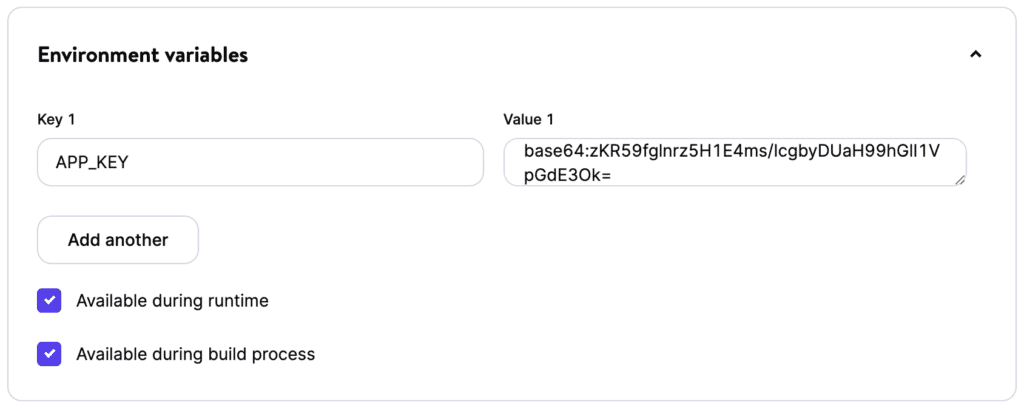 The "Environment variables" application section in MyKinsta, showing fields for "Key 1" and "Value 1" as well as checkboxes for "Available during runtime" and "Available during build process".