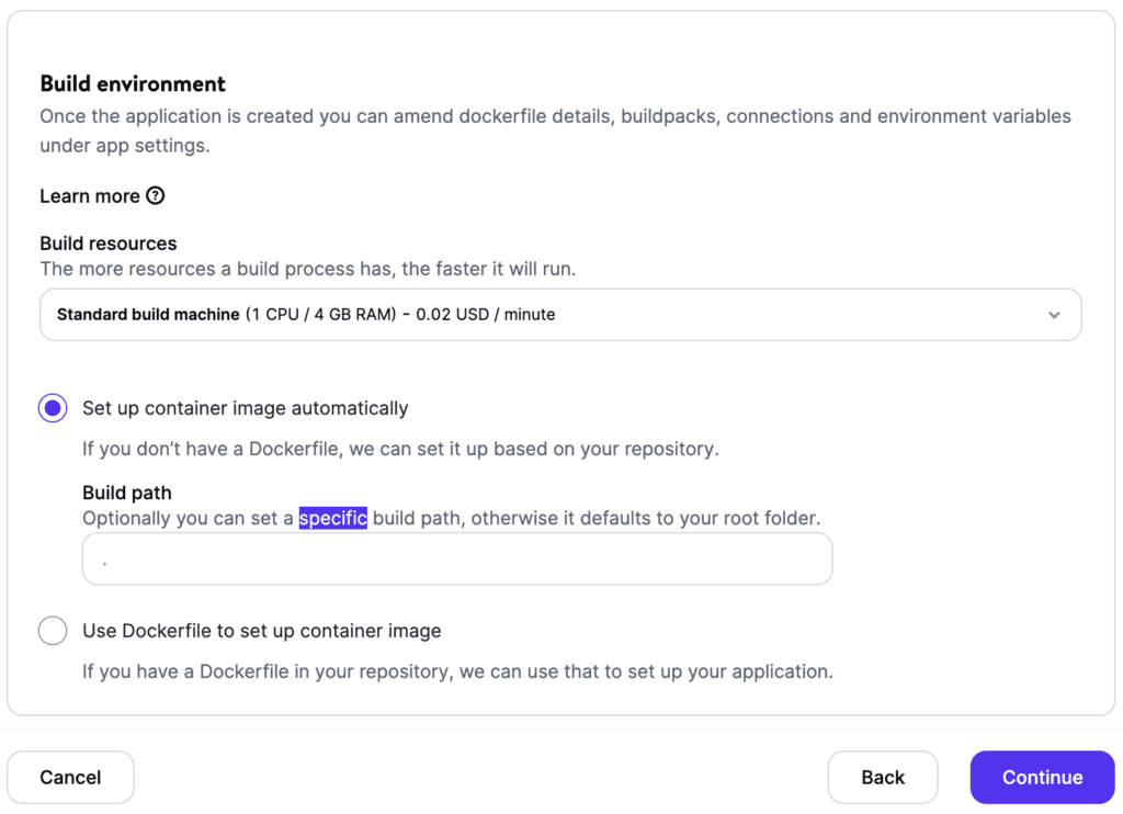 The "Build Environment" application section in MyKinsta, with fields and selection boxes for "Build resources", "Set up container image automatically", and "Use Dockerfile to set up container image".