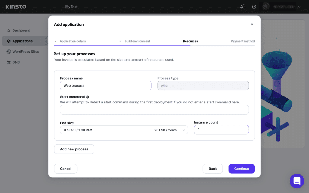 The "Add application: Set up your process" section in MyKinsta, showing fields for "Process name", "Process type", "Start command", "Pod size", and "Instance count".