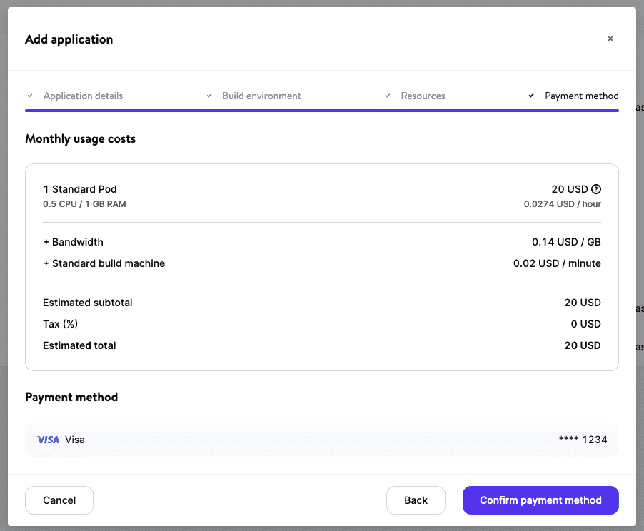 The payment details screen in MyKinsta, showing "Monthly usage costs" and "Payment method", the latter of which lists a Visa card.
