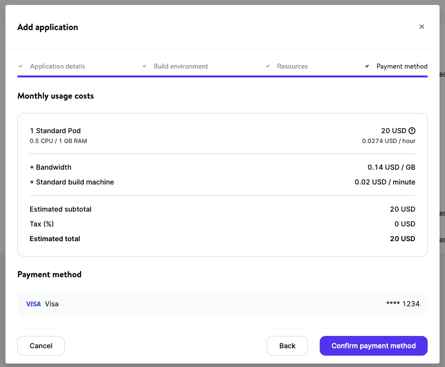 Skærmbilledet med betalingsoplysninger i MyKinsta, der viser "Månedlige forbrugsomkostninger" og "Betalingsmetode", hvoraf sidstnævnte viser et Visa-kort.