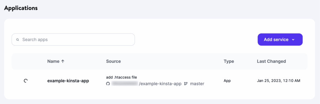 The "Applications" tab in Mykinsta, showing a deployed application named "example-kinsta-app" along with its source, type, and last changed date.