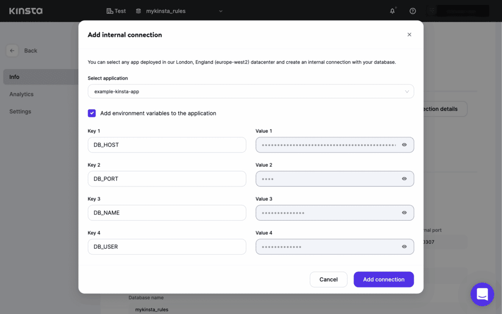 The "Add internal connection" option in MyKinsta for connecting a database to an application, with key value fields followed by an "Add connection" button.