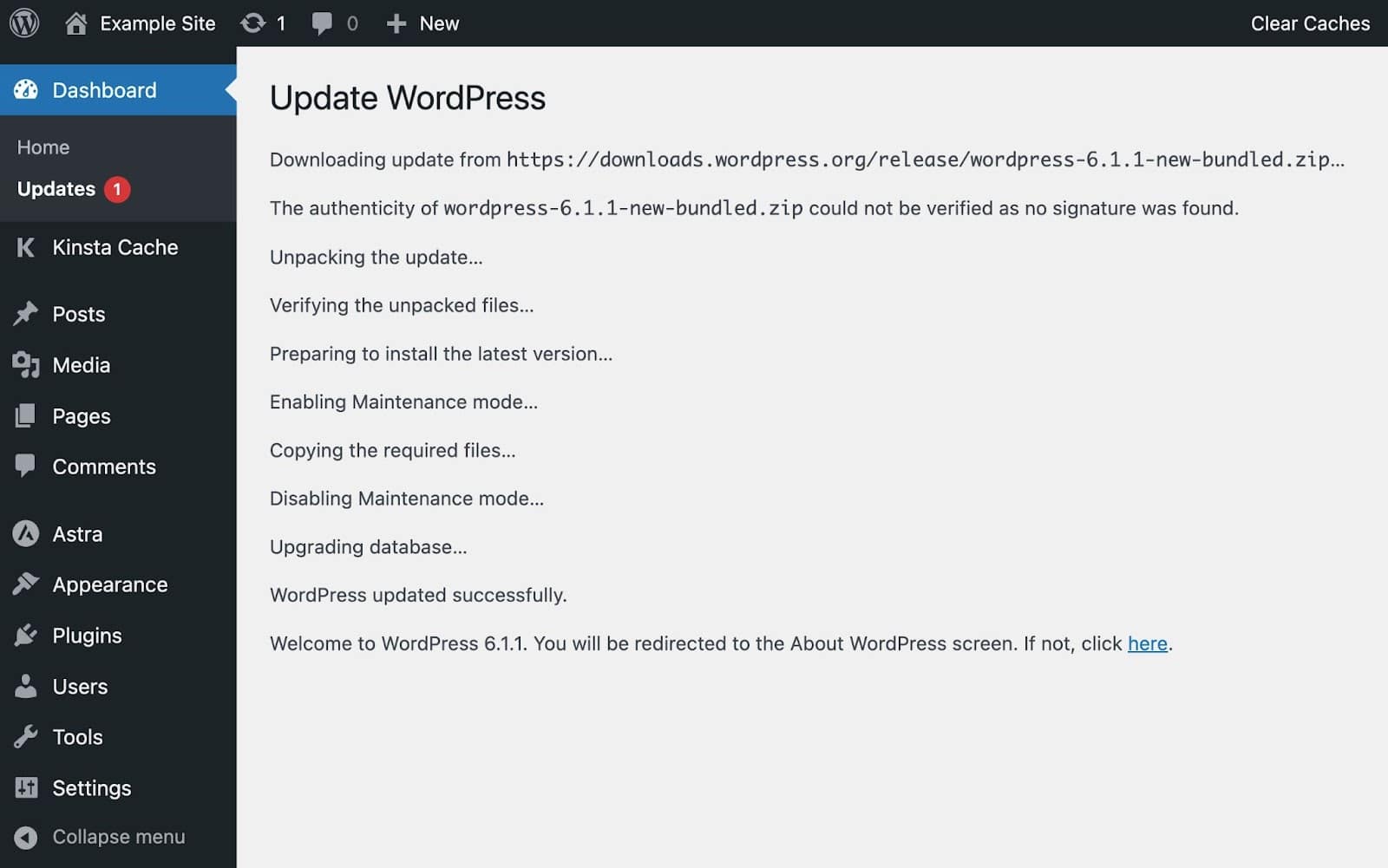 Diese Meldungen werden angezeigt, während WordPress das Update durchführt