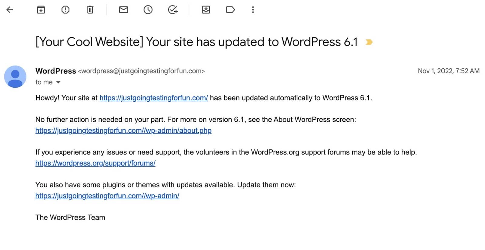 Et eksempel på en e-mail med automatisk opdatering af WordPress