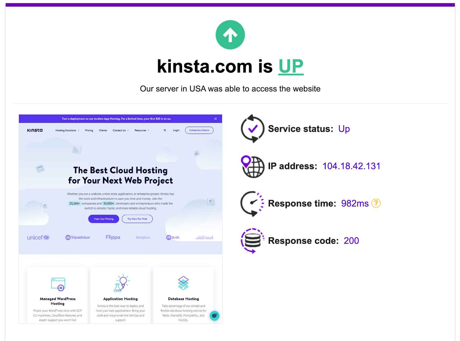 Schermata di Website Planet che nella porzione in alto della pagina conferma che il sito di Kinsta funziona correttamente