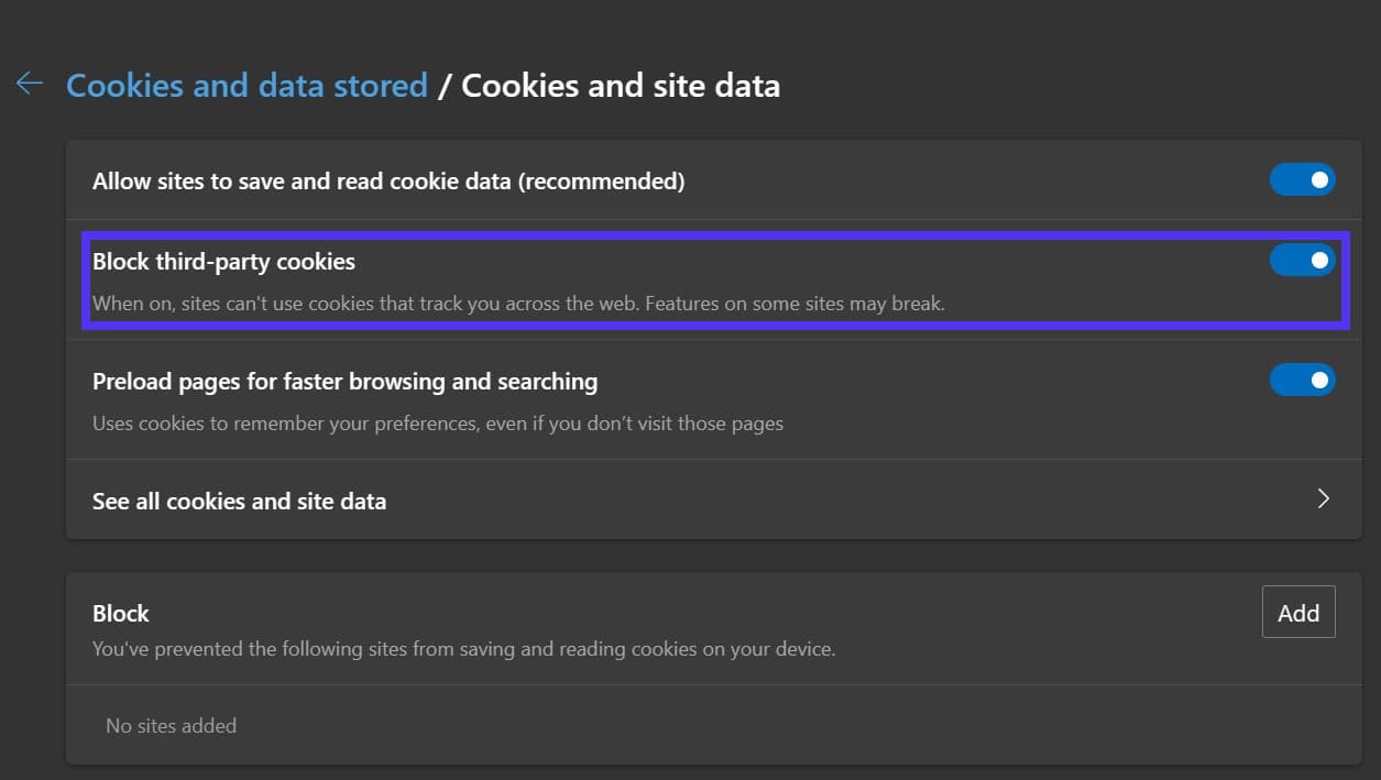 Bloccare i cookie di terze parti in Microsoft Edge.