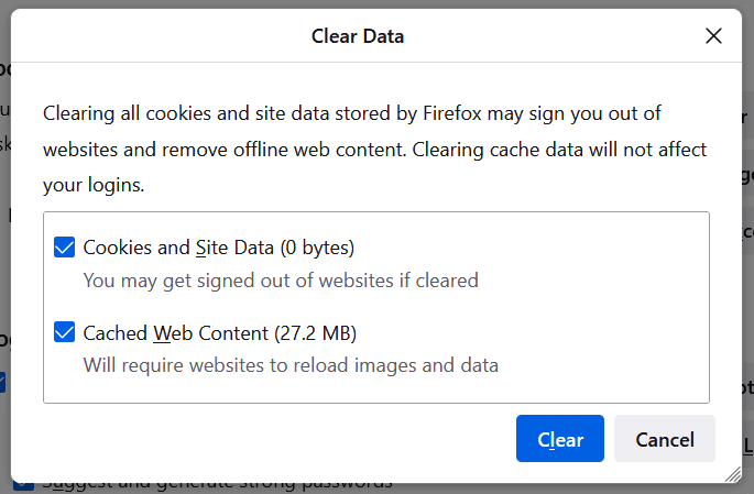 Clearing data in Firefox
