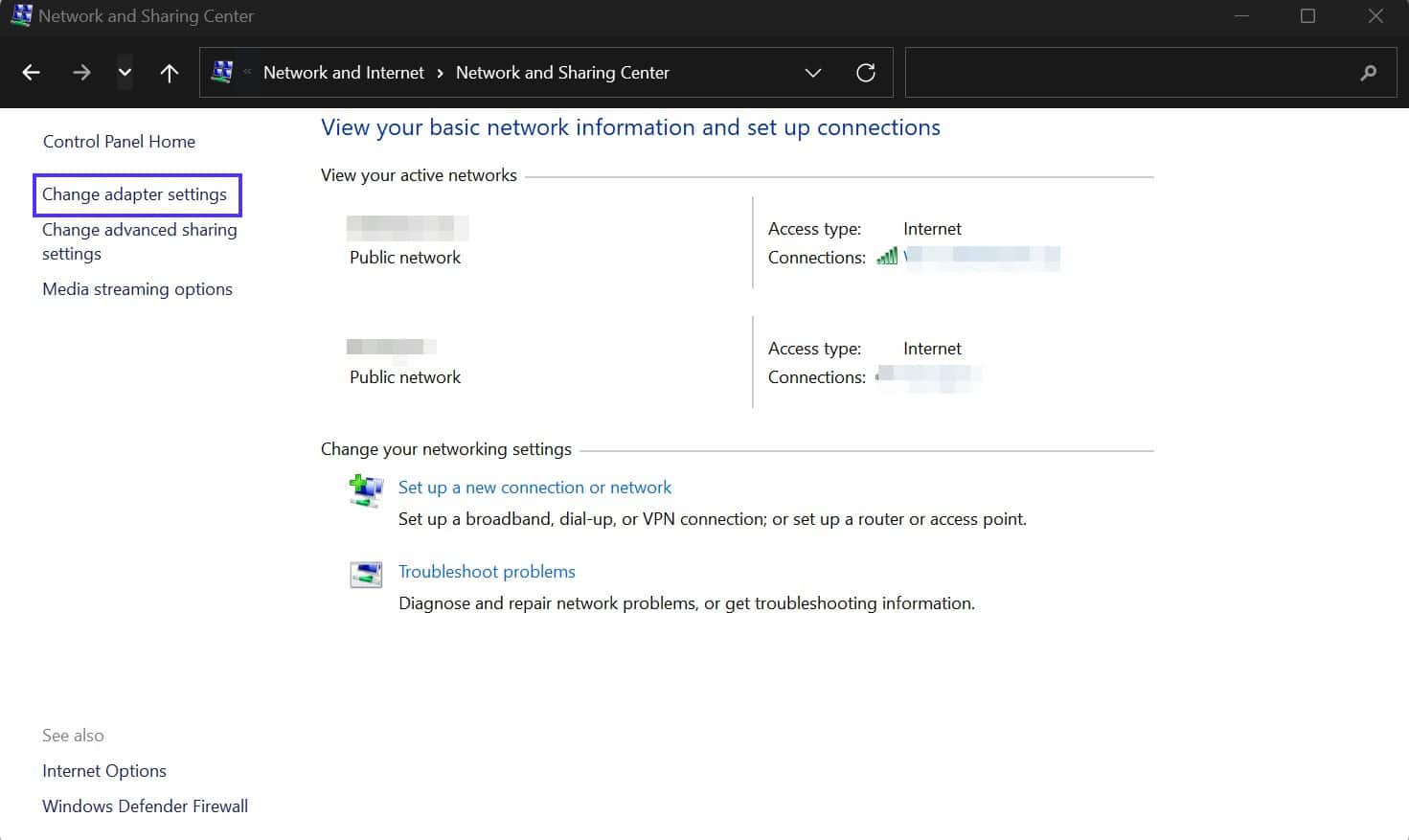 Changing the adapter settings in Windows