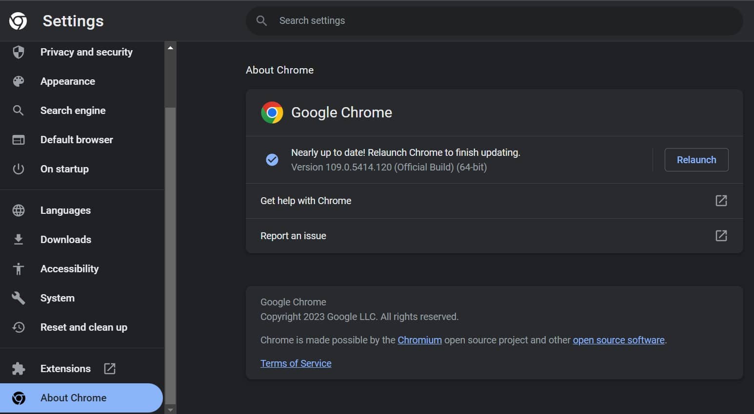Klik op de optie About Chrome