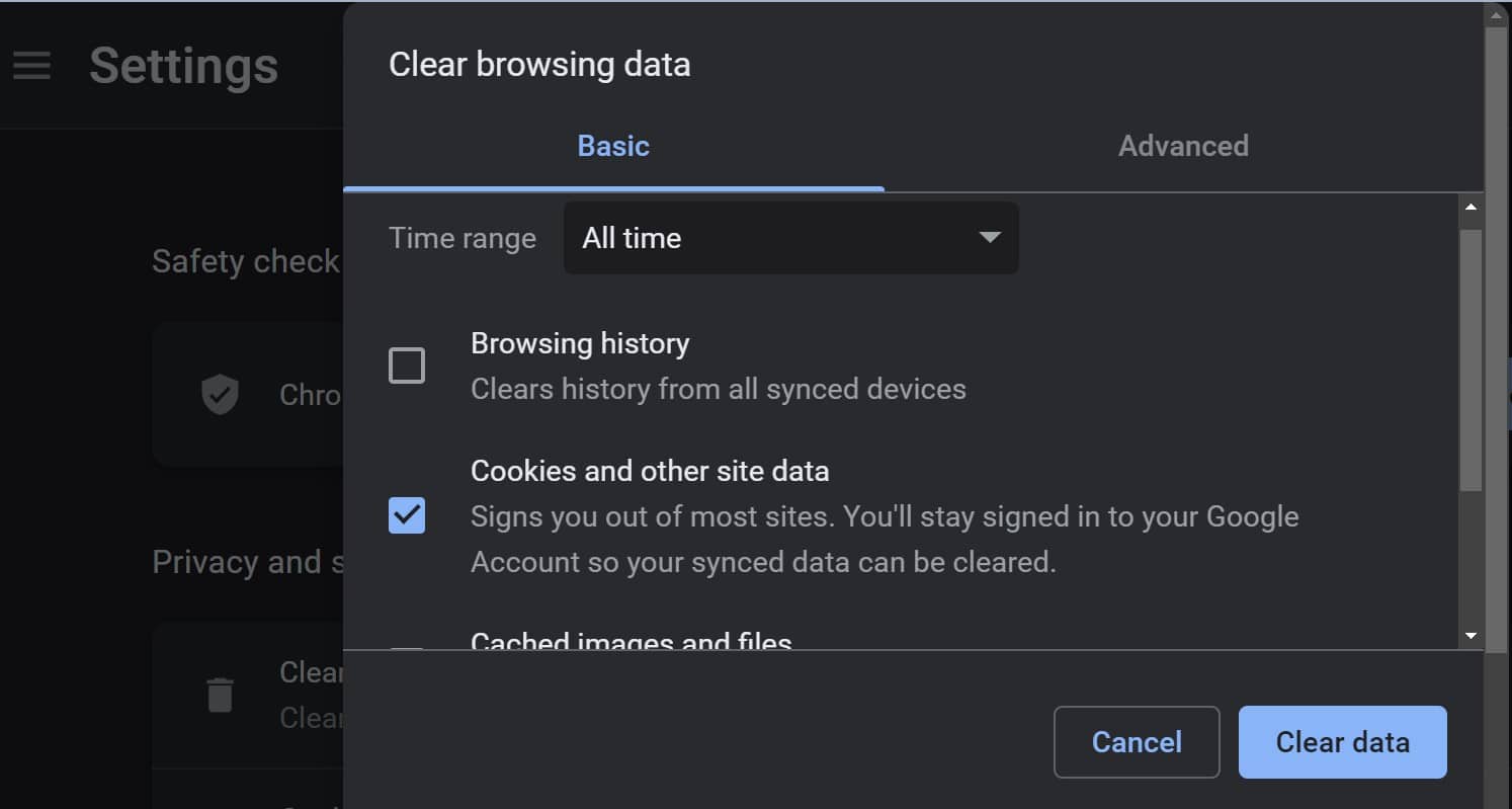 Clearing cookies and other site data in Google Chrome