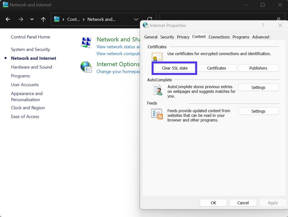 How to clear the SSL slate on Windows