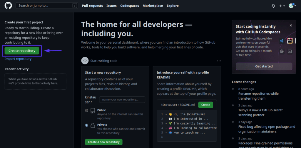 GitHub home page showing a left panel with the words “Create your first project” and an arrow pointing to the button “Create repository”.