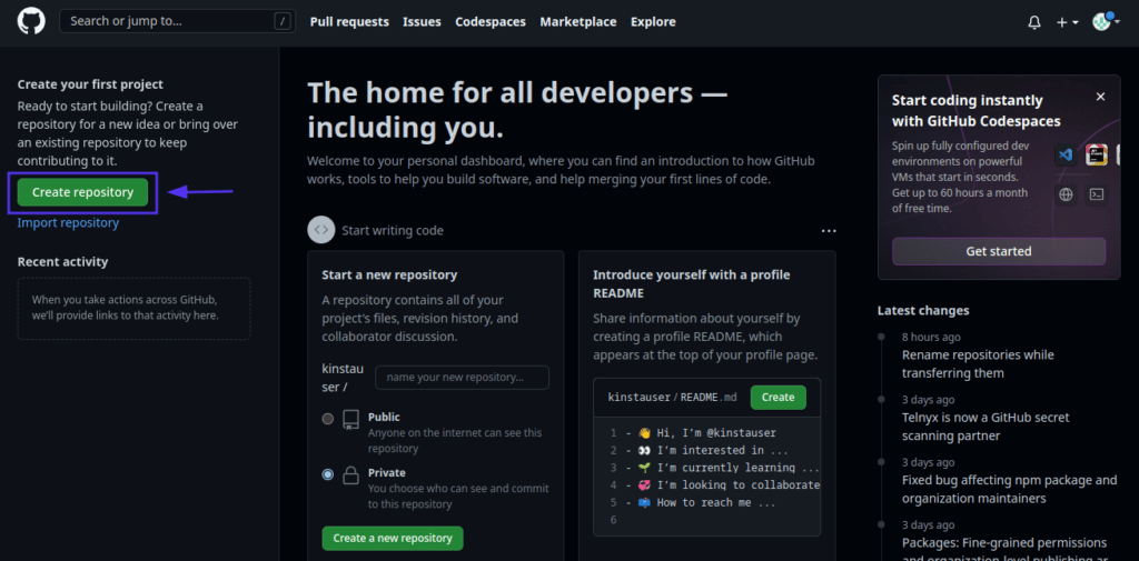 La pagina iniziale di GitHub mostra un pannello a sinistra con la scritta "Create your first project" e una freccia che punta al pulsante "Create repository".