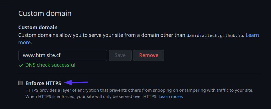  La sezione del dominio personalizzato con il simbolo "Verifica DNS riuscita" e il pulsante "Applica HTTPS".