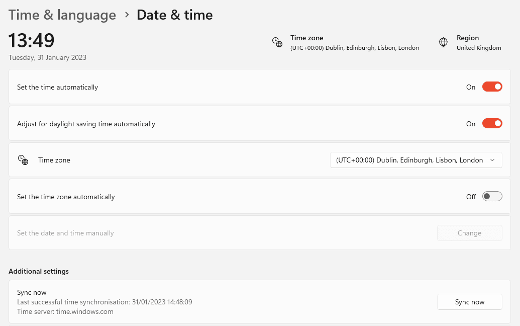 Windowsの日付と時刻の設定