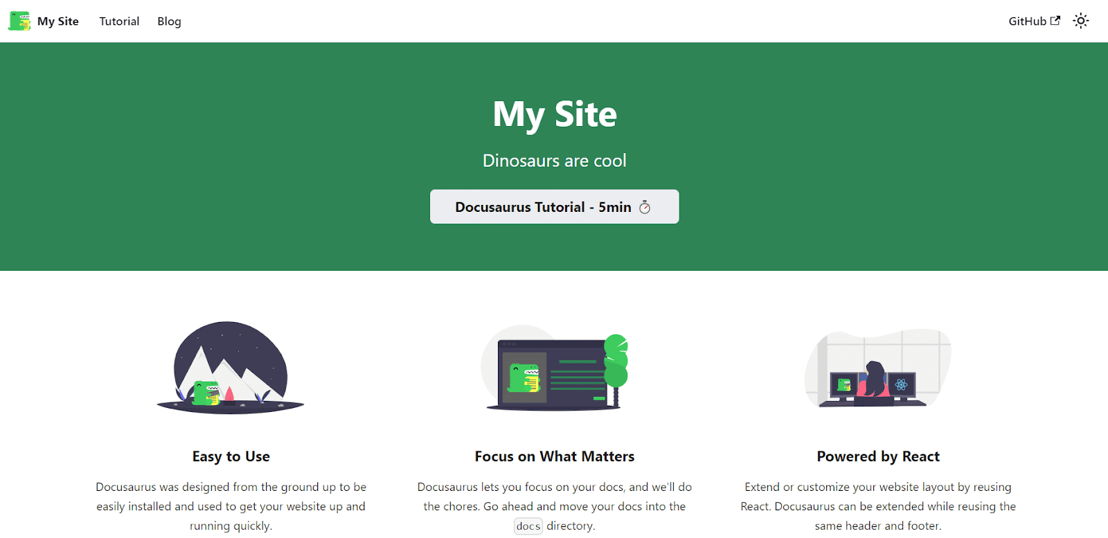 Die eingesetzte Docusaurus-Homepage, auf der oben ein grünes Banner mit der Überschrift "Meine Seite" und dem Slogan "Dinosaurier sind cool" in weißer Schrift zu sehen ist.
